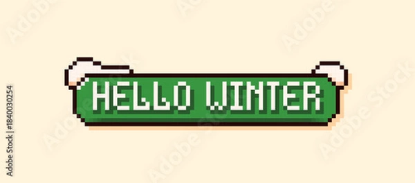 Fototapeta Christmas pixel speech bubble with a green background the phrase Hello Winter and snow peaks.
