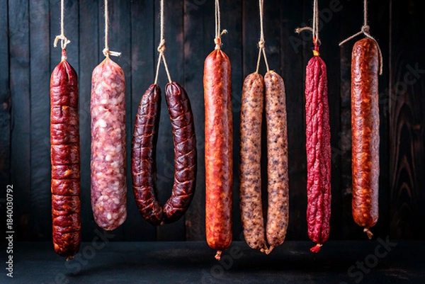 Fototapeta Assortment of hanging cured dried sausages and salami on dark rustic wooden background, traditional meat appetizer.