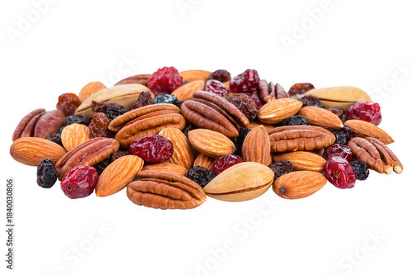 Fototapeta Heap of mixed nuts and dried cranberries including almonds and pecans isolated on transparent background, healthy energy snack.