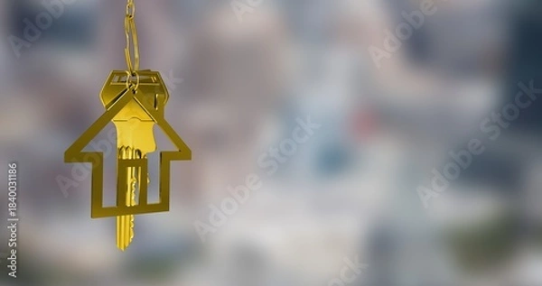 Fototapeta 3D render is showing golden house keychain dangling against blurred cityscape scene for real estate