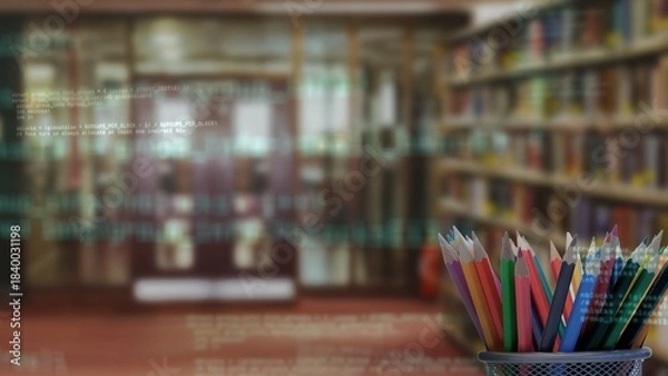 Obraz metal cup with colored pencils is sitting in flat design library, with floating code, education