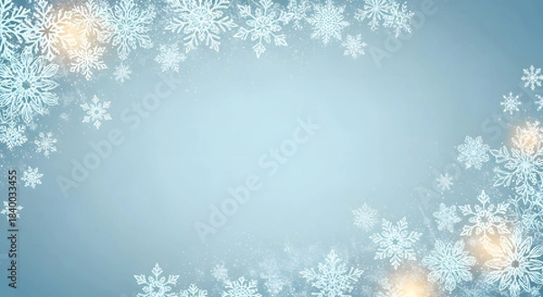 Obraz Abstract winter background with white snowflakes border and soft light blue gradient copy space for christmas and new year design