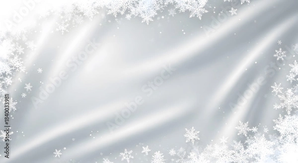 Obraz Elegant winter background with flowing white silky fabric texture and decorative snowflake frame for luxury christmas design
