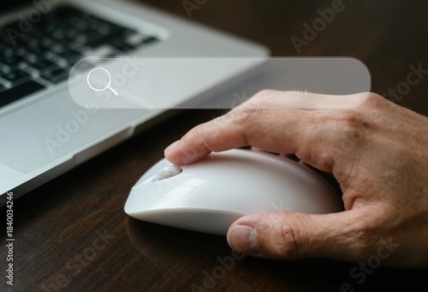 Fototapeta Close-up of hand using computer mouse with virtual search engine bar. Concept for smart search, machine learning, SEO, data query, and digital transformation