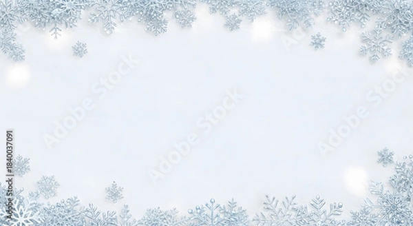 Obraz Beautiful white and blue winter holiday background with decorative crystal snowflake border frame and copy space