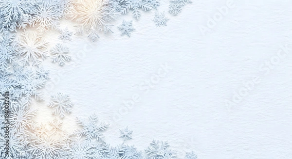 Obraz Close up of blue and white decorative snowflakes on textured snow background creating a festive winter corner border
