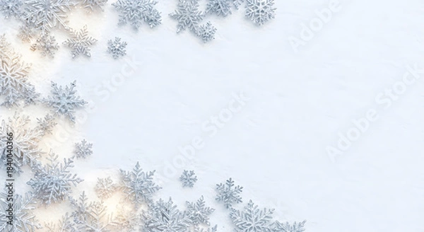 Obraz Close up shot of realistic sparkling silver and clear plastic snowflakes arranged on white textured winter backdrop