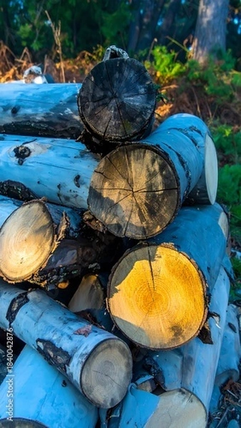 Obraz Stacked gray-blue logs in a forest