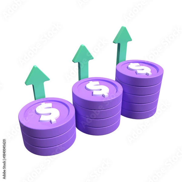 Fototapeta 3D Dollar Coins with Upward Arrows Showing Financial Growth