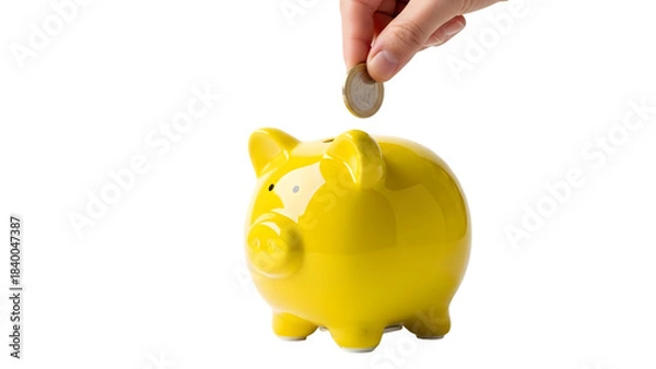 Fototapeta A hand dropping a coin into a bright yellow piggy bank on a black background