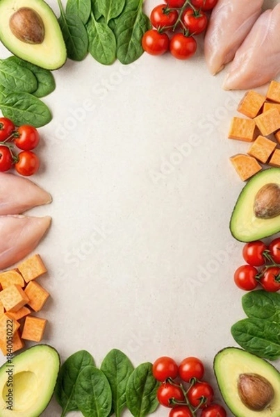 Obraz Top view flat lay frame of raw chicken breast, green avocado, spinach and sweet potato cubes on beige stone background with copy space. Vertical healthy keto food concept for weight loss nutrition