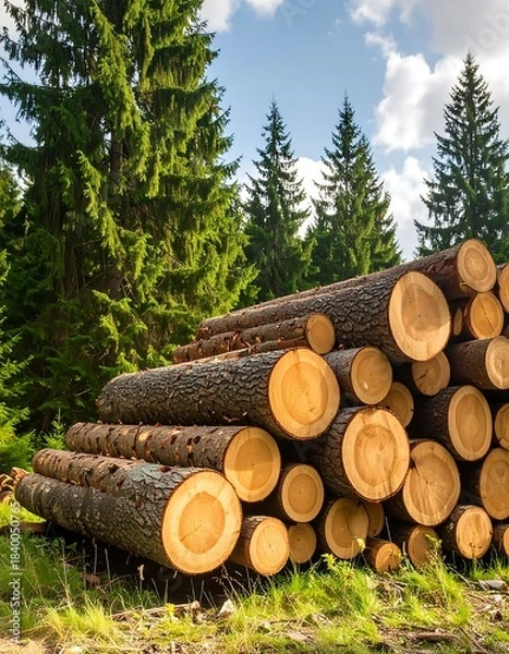 Obraz Stacked logs in a pine forest