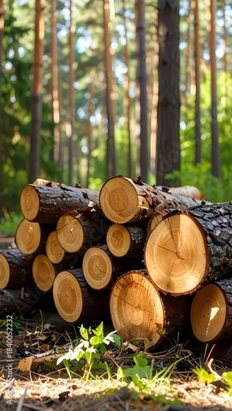 Obraz Stacked logs in a sunlit forest
