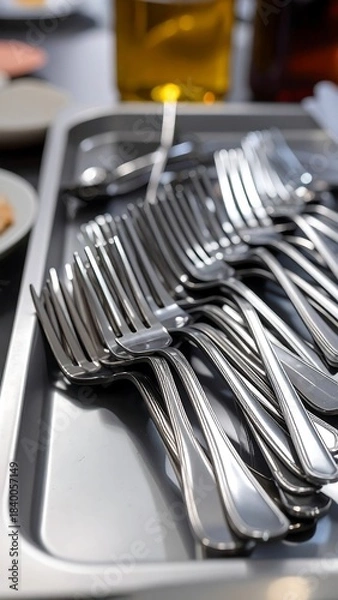 Obraz Stacked silverware on a tray