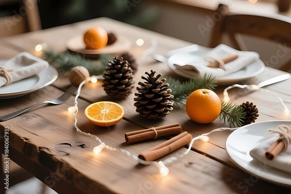 Obraz Cottagecore Christmas Table Setting Top-down Macro Photography.