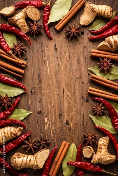Obraz Vertical flat lay frame of red chili peppers, cinnamon sticks, star anise and ginger on rustic dark wood background with copy space for culinary recipe or spicy asian food menu concept.
