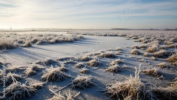 Fototapeta Winter Marsh with Thin Frost Layer