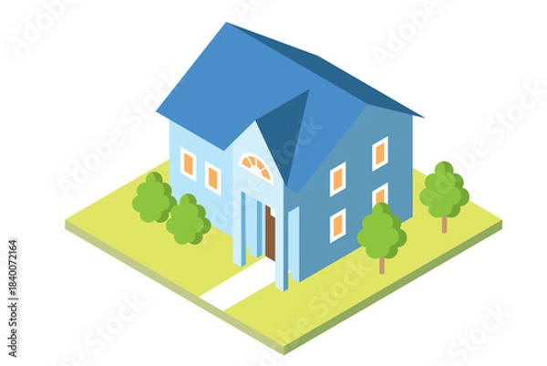 Obraz スタイリッシュでかわいい一戸建てマイホームのアイソメトリックイラスト