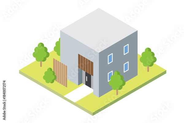Obraz スタイリッシュでかわいい一戸建てマイホームのアイソメトリックイラスト