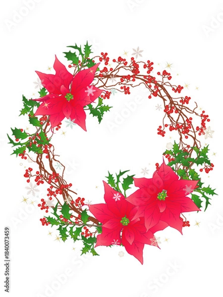 Obraz ポインセチアとサンキライのリース③赤_雪の結晶