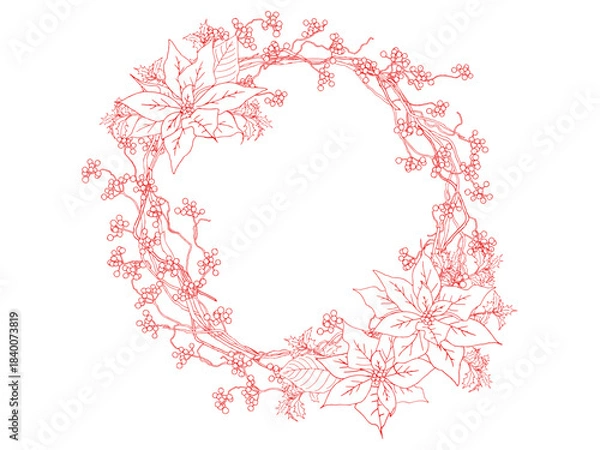 Obraz ポインセチアとサンキライのリース線画①赤