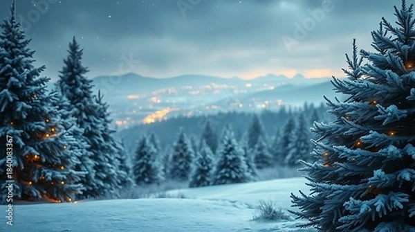 Obraz An ultra-realistic depiction of a festive Christmas landscape, bathed in the glow of distant lights and adorned with frosted evergreens