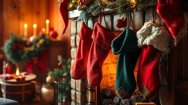 Obraz An ultra-realistic depiction of Christmas Day, focusing on a cozy fireplace with stockings hung by the chimney, soft warm light illuminating the scene, rich reds and greens.