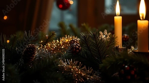 Obraz An ultra-realistic interpretation of a Christmas tableau, showcasing the texture of pine needles, the shimmer of tinsel, and the depth of shadows cast by candlelight, evoking a nostalgic mood