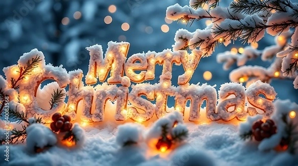 Obraz An ultra-realistic Merry Christmas tableau, meticulously crafted with high detail, highlighting the soft glow of fairy lights and the crisp textures of snow and evergreen branches