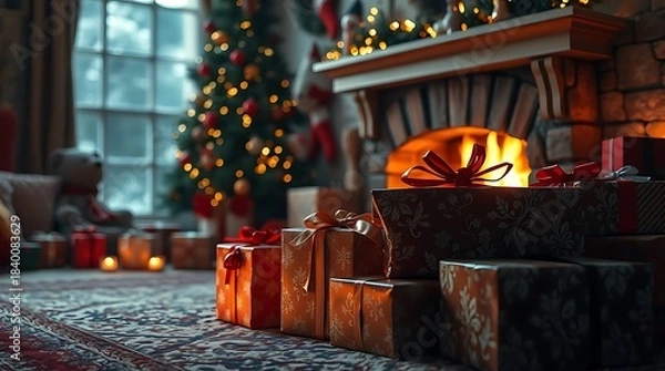 Obraz An ultra-realistic portrayal of a classic Christmas setting, emphasizing intricate details of presents wrapped in festive paper, a crackling fire, and the soft glow of holiday lights