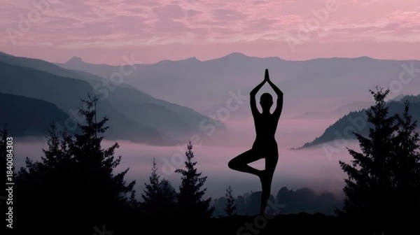 Fototapeta Serene Yoga Silhouette: Woman Stretching in Valley of Clouds at Dawn - Ethereal Imagery for Health and Meditation Themes with Desaturated Colors