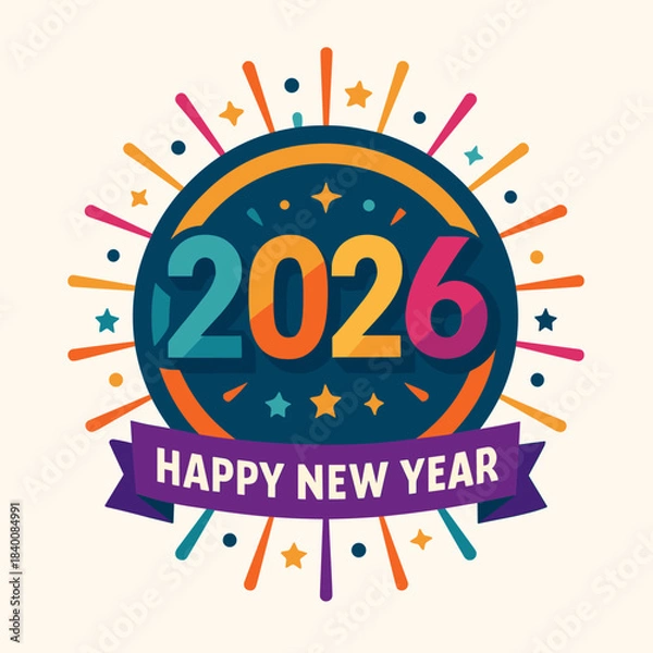 Fototapeta Happy New Year 2026 Badge with Colorful Burst and Festive Firework Rays