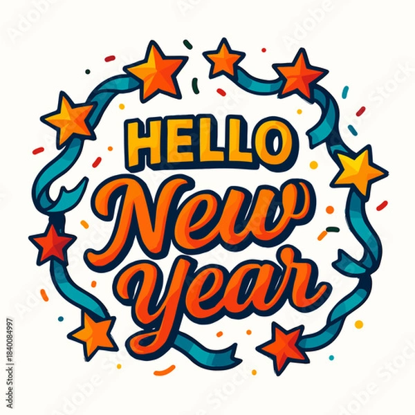 Fototapeta Hello New Year Text with Stars, Colorful Holiday Greeting Design