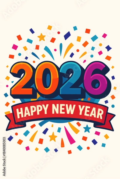 Fototapeta Happy New Year 2026 Confetti Burst, Bright Holiday Greeting with Colorful Dots