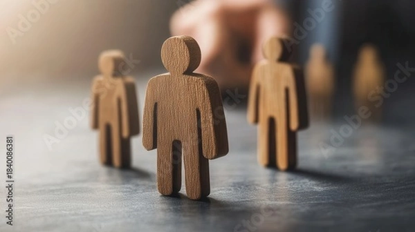 Fototapeta Wooden figures representing a team or group dynamic on a dark surface