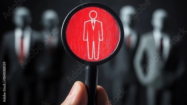Fototapeta Hand holding magnifying glass focusing on a businessman icon in red circle