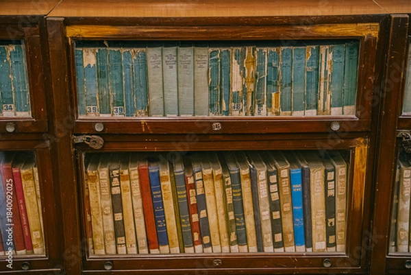 Obraz Mumbai, India Row of old worn books stored behind glass in a wooden cabinet. A vintage archival collection showing aged covers and historical literature.