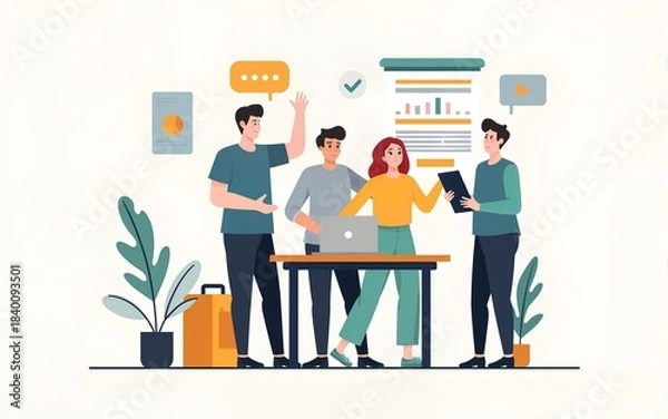 Fototapeta Management small business or company with group of people. Standard care to work to progress. Line icon 12pt. High quality