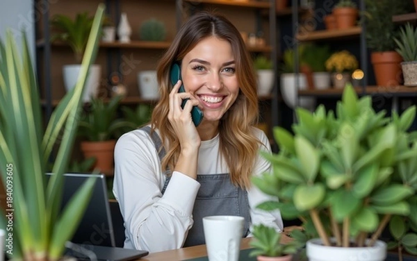 Fototapeta Happy, phone call and plant with woman in small business for planning, networking and conversation. Entrepreneurship, startup and technology with female botanist for nature, green and garden shop