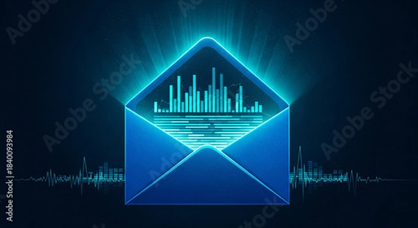 Fototapeta blue envelope with glowing data chart on dark background, digital lines