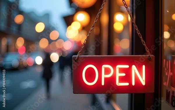 Fototapeta Open sign with festive balloons and bokeh lights on busy street, inviting and welcoming small business atmosphere. High quality