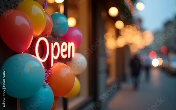 Fototapeta Open sign with festive balloons and bokeh lights on busy street, inviting and welcoming small business atmosphere. High quality