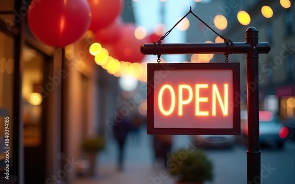 Fototapeta Open sign with festive balloons and bokeh lights on busy street, inviting and welcoming small business atmosphere. High quality