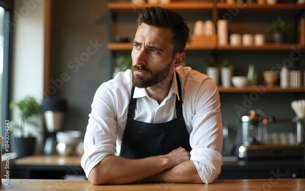 Fototapeta Disappointed Caucasian waiter man barista boredom in cafeteria exhausted employer problem bartender male entrepreneur leaning counter waitstaff overworking cafe guy contemplate small business stress