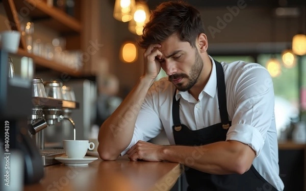 Fototapeta Disappointed Caucasian waiter man barista boredom in cafeteria exhausted employer problem bartender male entrepreneur leaning counter waitstaff overworking cafe guy contemplate small business stress
