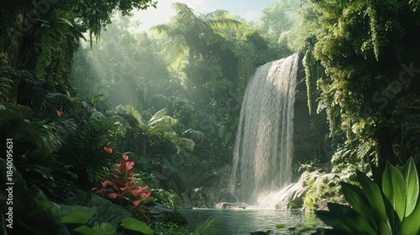 Fototapeta Lush jungle waterfall cascading into a clear pool surrounded by foliage