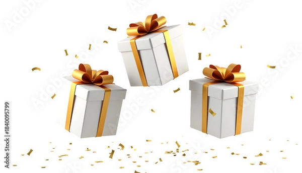 Obraz Floating white gift boxes with golden ribbons and bows in mid-air on clean white background, minimalist festive 3D composition for celebration design