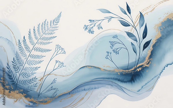 Obraz Blue Watercolor Waves with Ferns and Gold Accents abstract