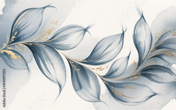 Obraz Elegant Blue Floral Swirls with Gold Leaf Texture abstract