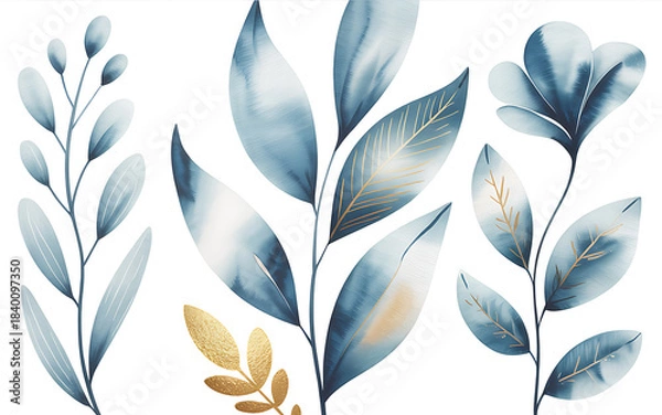 Obraz Watercolor Botanical Elements in Blue and Gold graphic